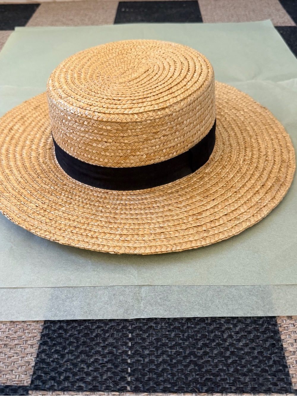 Straw Boater Hat with Black Band - Natural Straw